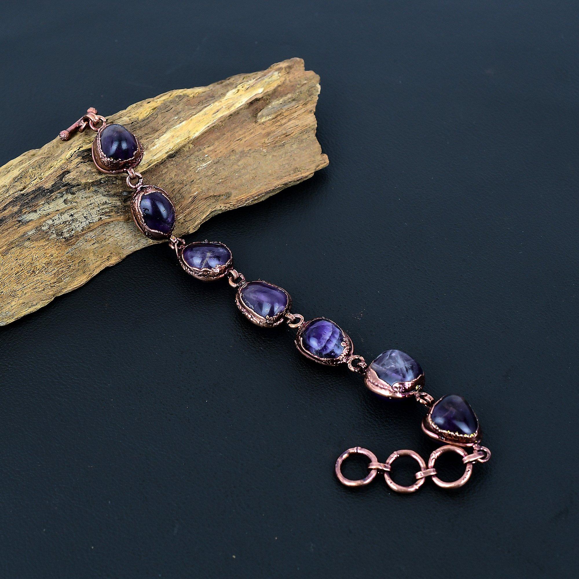 

Аметистовый браслет Ручная работа, Медный гальванопластический браслет Дизайнерские украшения с драгоценными камнями Регулируемый браслет-цепочка Подарок для мамы