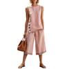 Women's Pink Sleeveless Two Piece Set Side Button Detail Wide Leg Cropped Pants