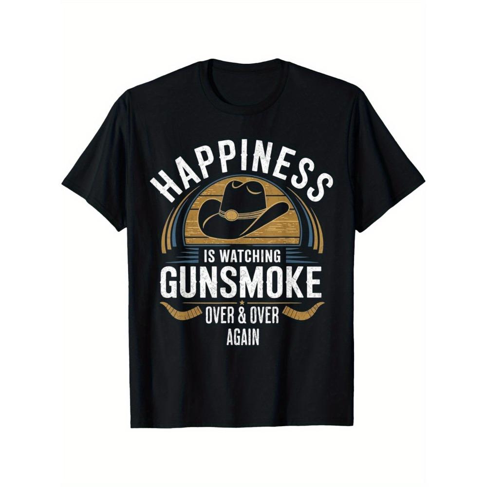 

Women Cotton Short Sleeves T-shirts Happiness Is Watching Gunsmoke Women s Tee Cowboy Hat Graphic Black Top S