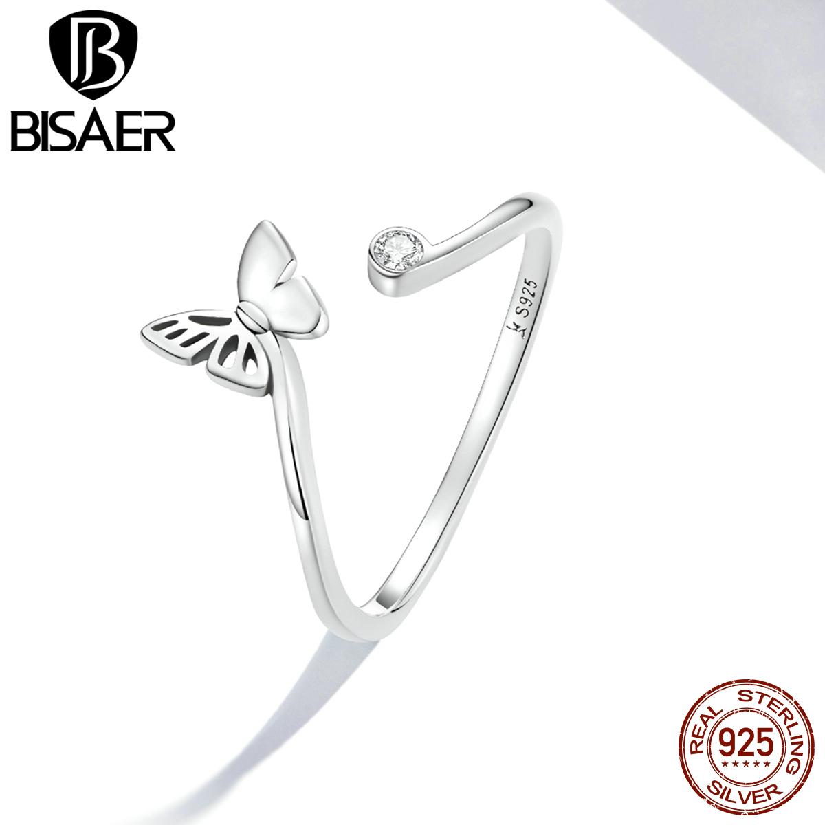 

BISAER стерлингового серебра 925 пробы регулируемые полые открытые кольца с бабочкой и цирконом для женщин женские оригинальные ювелирные изделия 925 silver