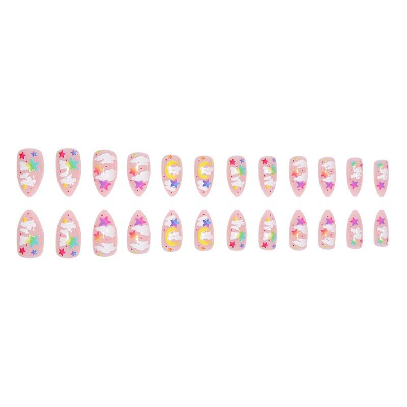Press-On Nails With Moon Star Cloud Design - Cute White Multicolor False Women Girls