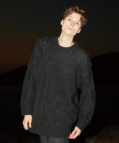 Philovisnop Cable Wool Semi-Over Knit _ Black Black/L
