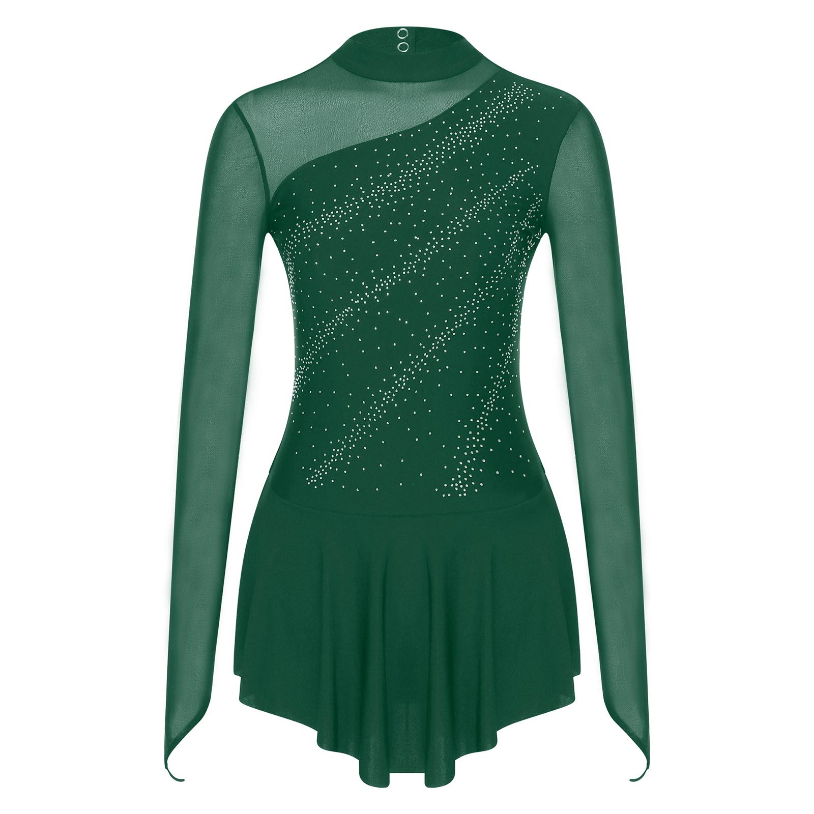 WinYing Dames Kunstschaatsen Dansjurk Glitter Strass Sheer Mesh Patchwork Lange Mouw Turnpakje S groen