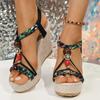 New Plus Size Bohemian Bead Wedge Sandals 2025 Summer Fashion Round Toe Open Toe Platform Elastic Band Ankle Strap Women's Shoes