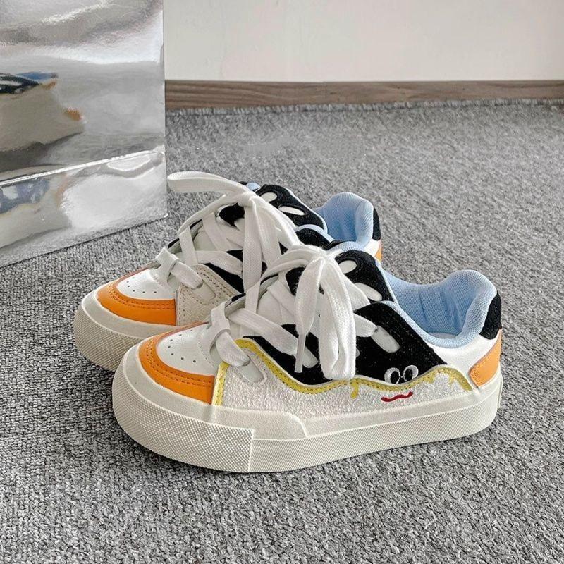 Retro thick baseplate shoes women's spring white shoes student versatile shoes contrasting color splicing bread shoes