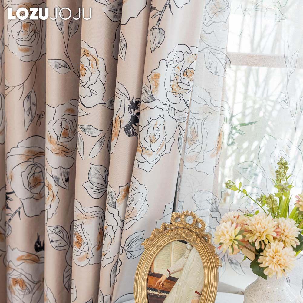 1PC LOZUJOJU French Fashionable Printed Rose Patterned Curtains Full Blackout Curtains for Bedroom Living Room Balcony Window for Home Decor