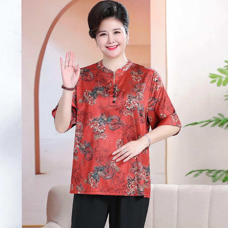 7XL Plus Size Summer Xiangyunsha Set for Middle-Aged & Elderly: Loose Mid-Sleeve T-Shirt Two-Piece for Tummy-Hiding Comfort.