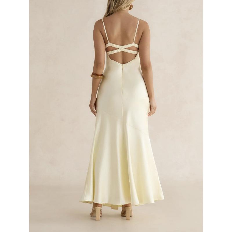 European and American New Neck Halter Suspender Pleated Slim Hip Skirt Sexy Fishtail Dress