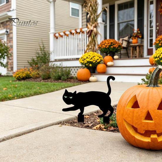 Durable Halloween Yard Signs Garden Stake, Black Cat Sign with Glow-in-the-dark Easy Installation Stakes Eyes, Waterproof Spooky Ghost Silhouette for