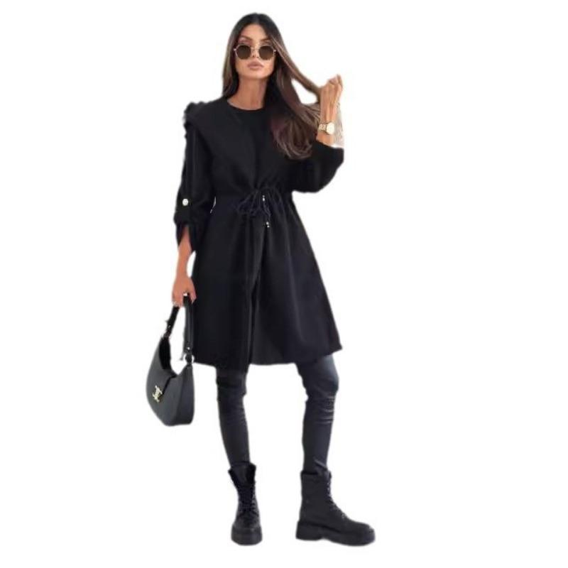 Dámský módní podzimní kabát nadměrné velikosti, šněrovací, s kapucí a klopou, vlněný, s dlouhým rukávem