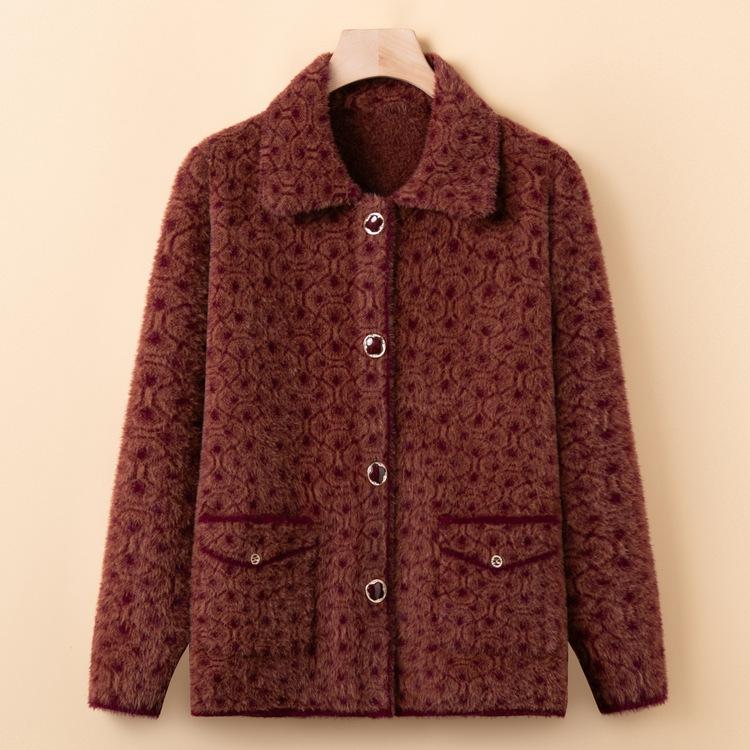 Middle-aged Mother Imitation Mink Wool Knitted Jacket Middle-aged and Elderly Women's Thickened Large-size Sweater Jacket Old Lady Clothes