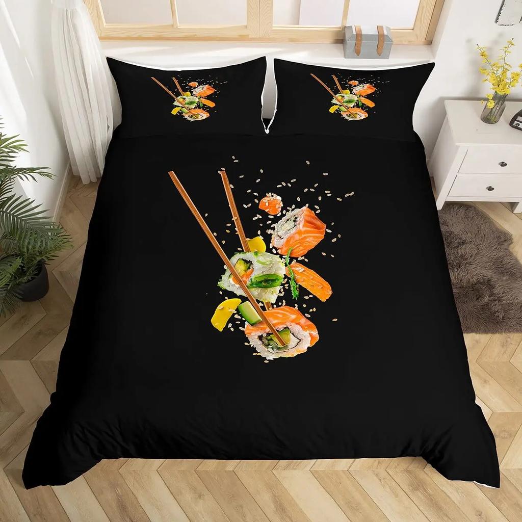Sushi Comforter Cover,Kawaii Rice Printed Duvet Cover,Cartoon Sushi Food Bedding,Salmon Caviar Sushi Japanese Style Quilt Cover