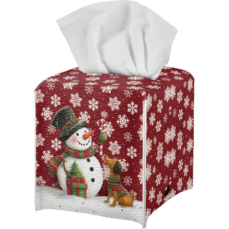 Southwest Aztec Tribal Tissue Box Holder Square Leather Tissue Cover Portable Napkin Organizer Facial Paper Case for Home Office Bathroom Vanity A-christmas Snowman Snowf
