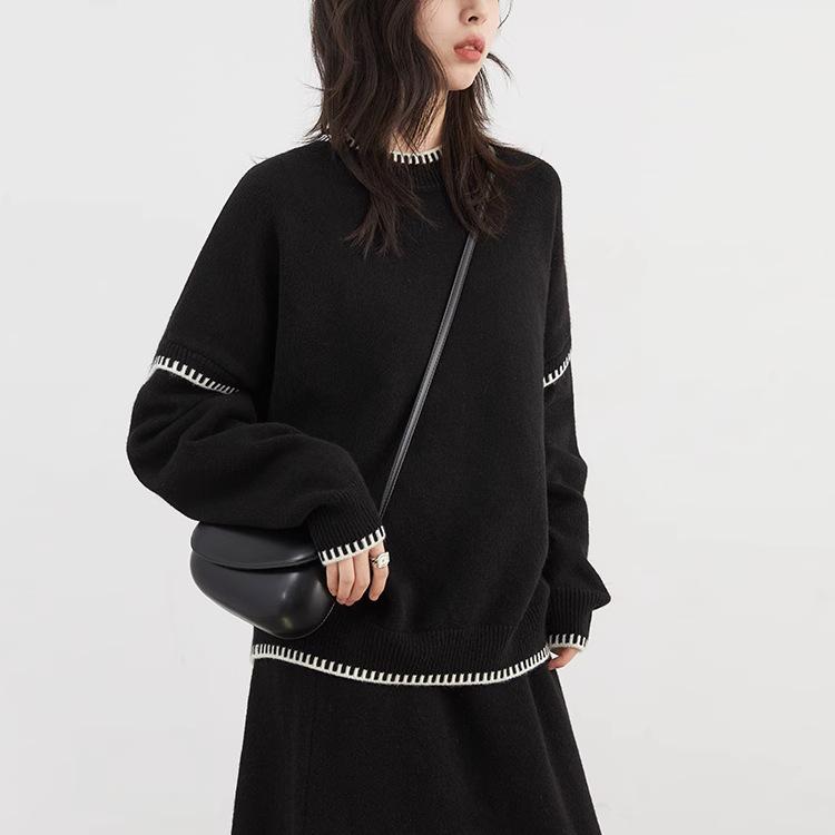 "Free To Go" Winter Lazy Round Neck Contrast Edge Sweater & Skirt Set