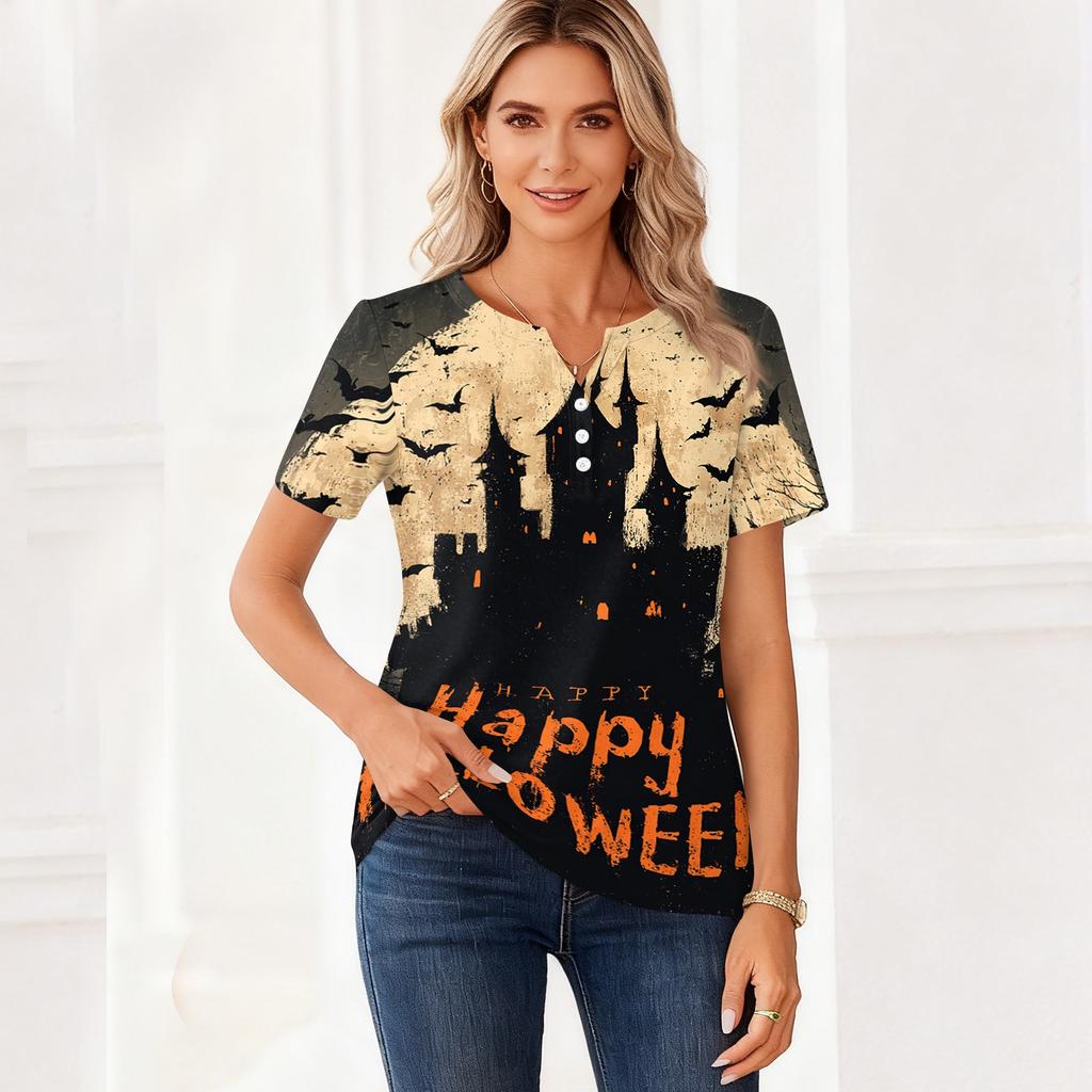 Women Casual V Neck Short Sleeve Button T Shirt Halloween Print Top Lightweight Comfortable Fit