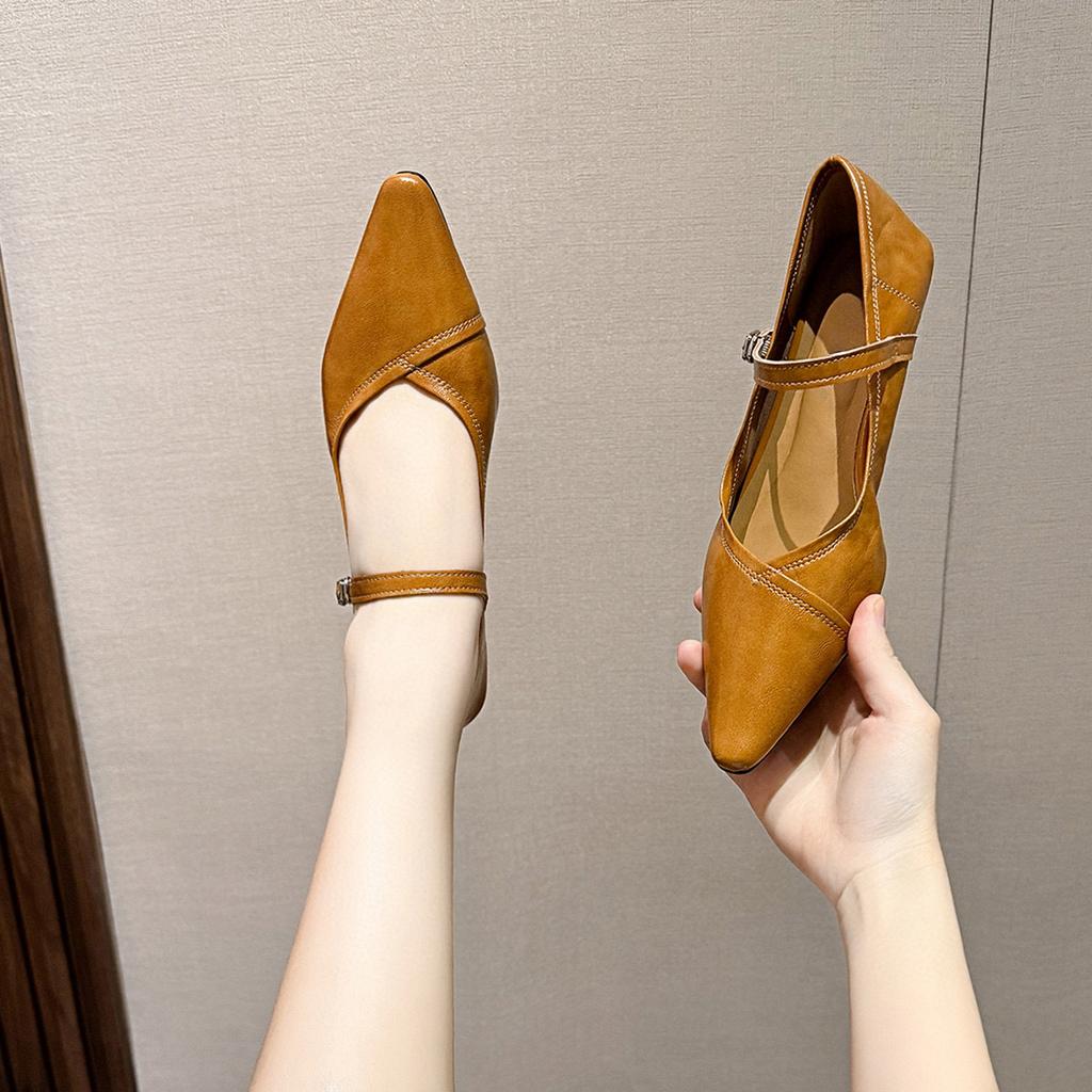 Pointed Mary Jane Shoes Spring Low Heel Light Mouth One-word Button Candy Color Flat Shoes Sheepskin Women's Single Shoes