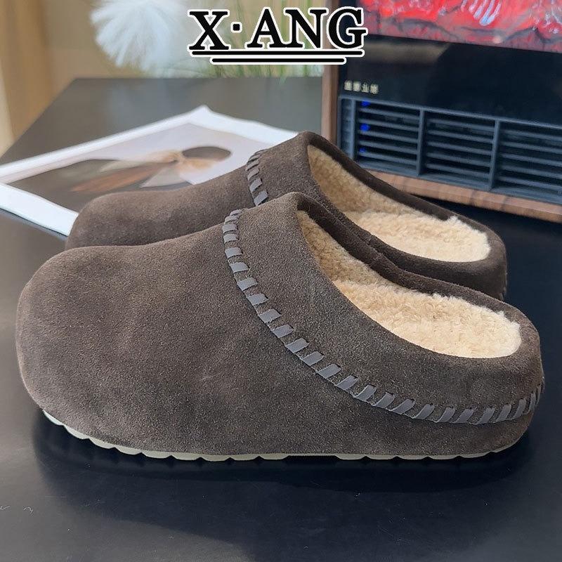 Inner Height Increase Cm Women's Shoes Genuine Leather Velvet Warm One-pedal Heelless Cotton Shoes Thick-soled Bag Head Slippers