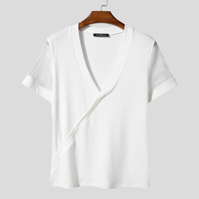 INCERUN Мужские футболки с V-образным вырезом сетчатыми вставками короткими рукавами прозрачной передней частью и перекрещенными деталями 4XL 1866₽