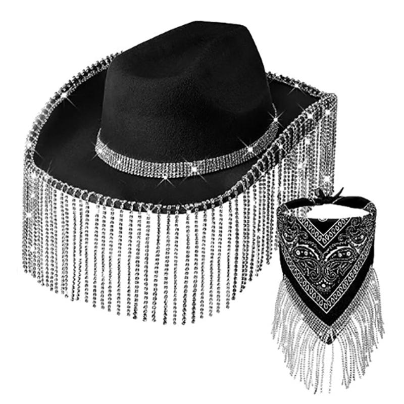 

Disco Fringed Bandana Cowgirl Bachelorette Bandana & Weatern Cowboy Hat Set Party Bandana for Womens Men 1 чорний