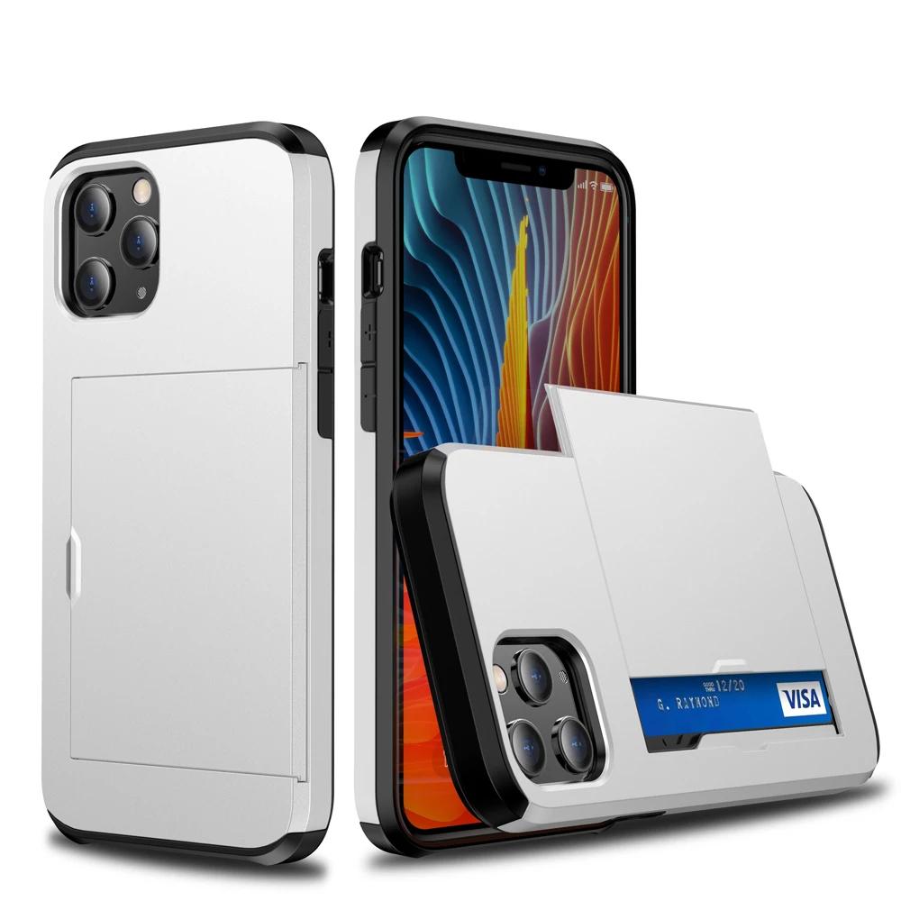 Armor Slide Card Case For iPhone 15 14 13 Pro Max 12 Mini 11 12 Pro Max XS Max XR X Card Slot Holder Cover Wallet Slide Cover