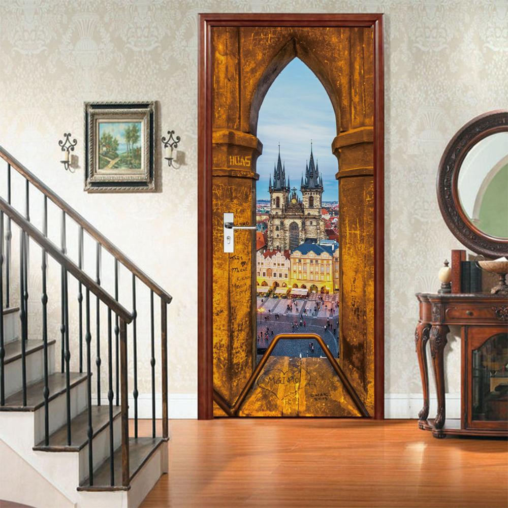 3D Door Mural Sticker Peel and Stick Door Wallpaper Golden Buddha Castle Moon Mermaid Flower Home Decor Removable