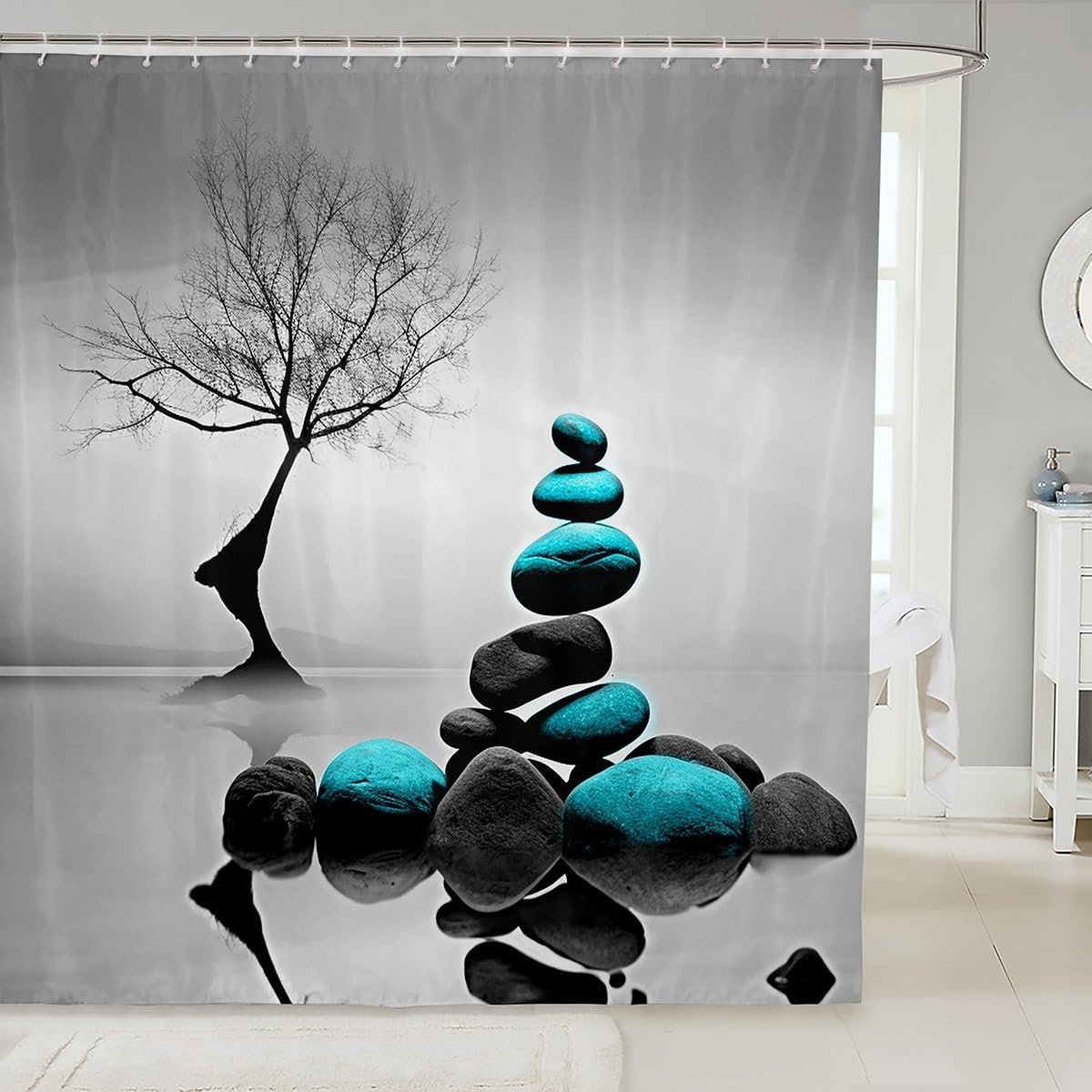 

Шторка для душа Zen Spa Шторка для ванны Zen Stone для мальчиков, девочек, подростков Декор Дерево Набор шторок для душа в ванную Сине-белый Детский 90x180CM