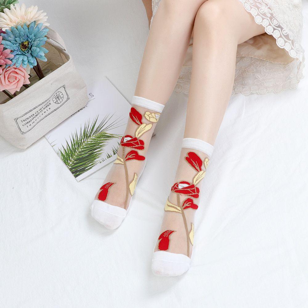 3 Pairs Women's Thin Summer Stockings Transparent Crystal Silk Long Tube Wear-resistant Cotton Sole Anti Slip Retro Ice Stockings
