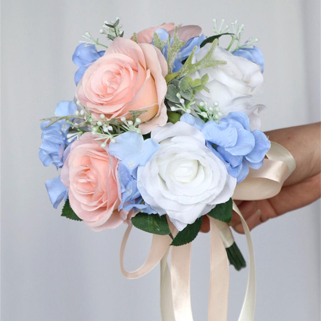 Wedding Artificial Blue Pink Small Flower Bouquet Decorative Flower Ornaments Handheld for Bridal Bouquet Wedding Party