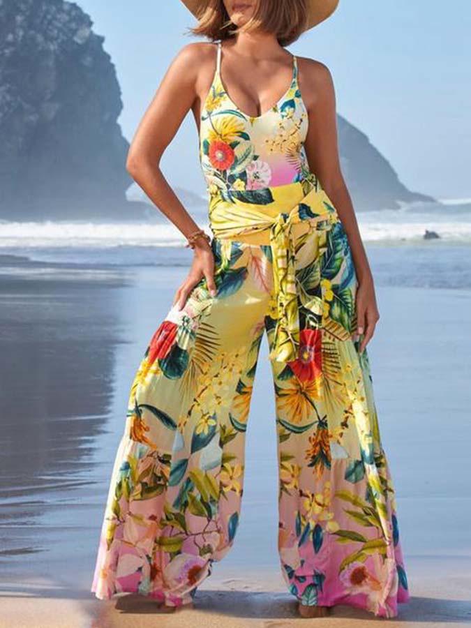 Holiday Style High-Waisted Wide-Leg Print Tie-Up Beach Pants for Women