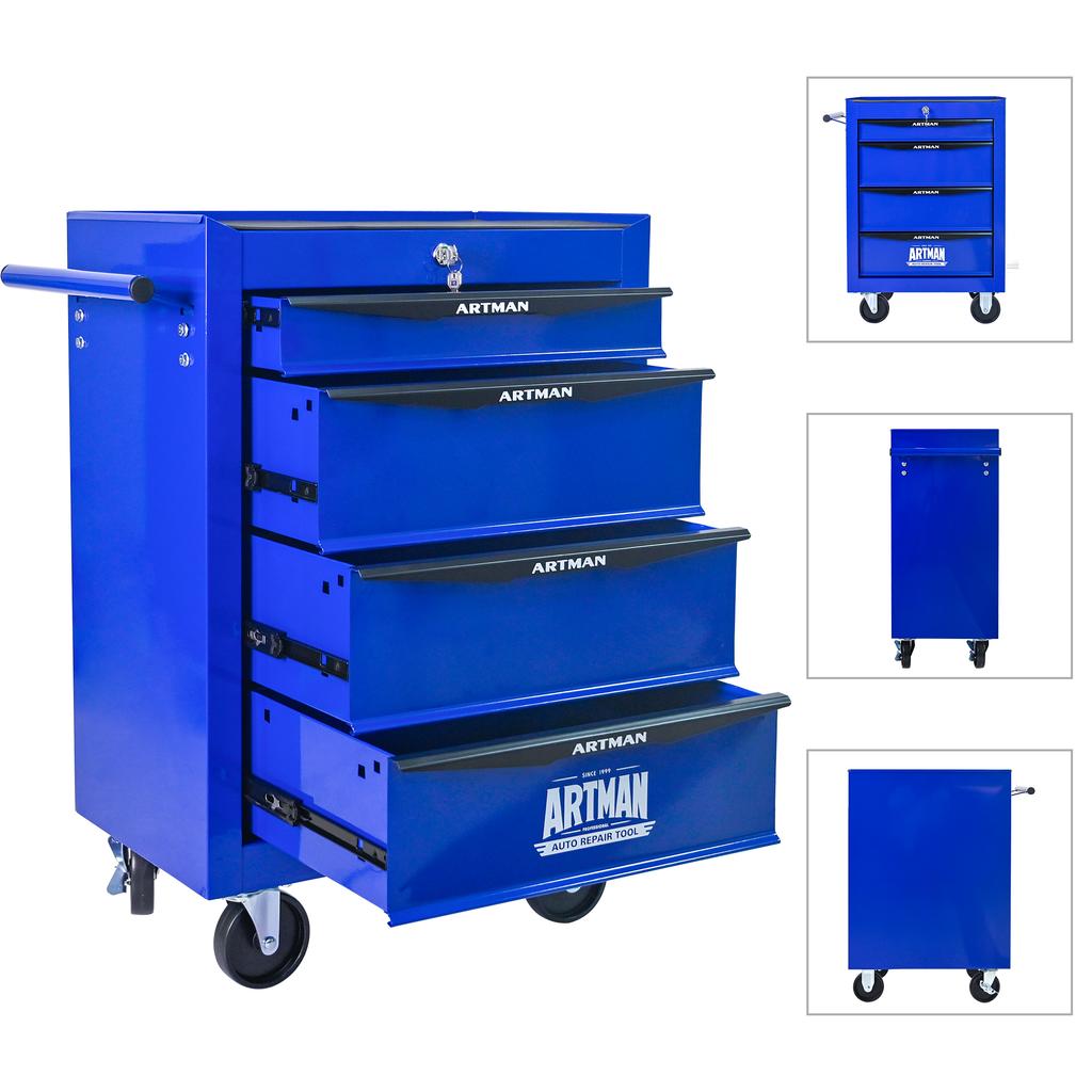 Mobile Metal Tool Cabinet with 4 Drawers, 508 mm (20 Inch) and Ball-Bearing Drawer Slides, Organizing Steel Tool Box - Black-Blue
