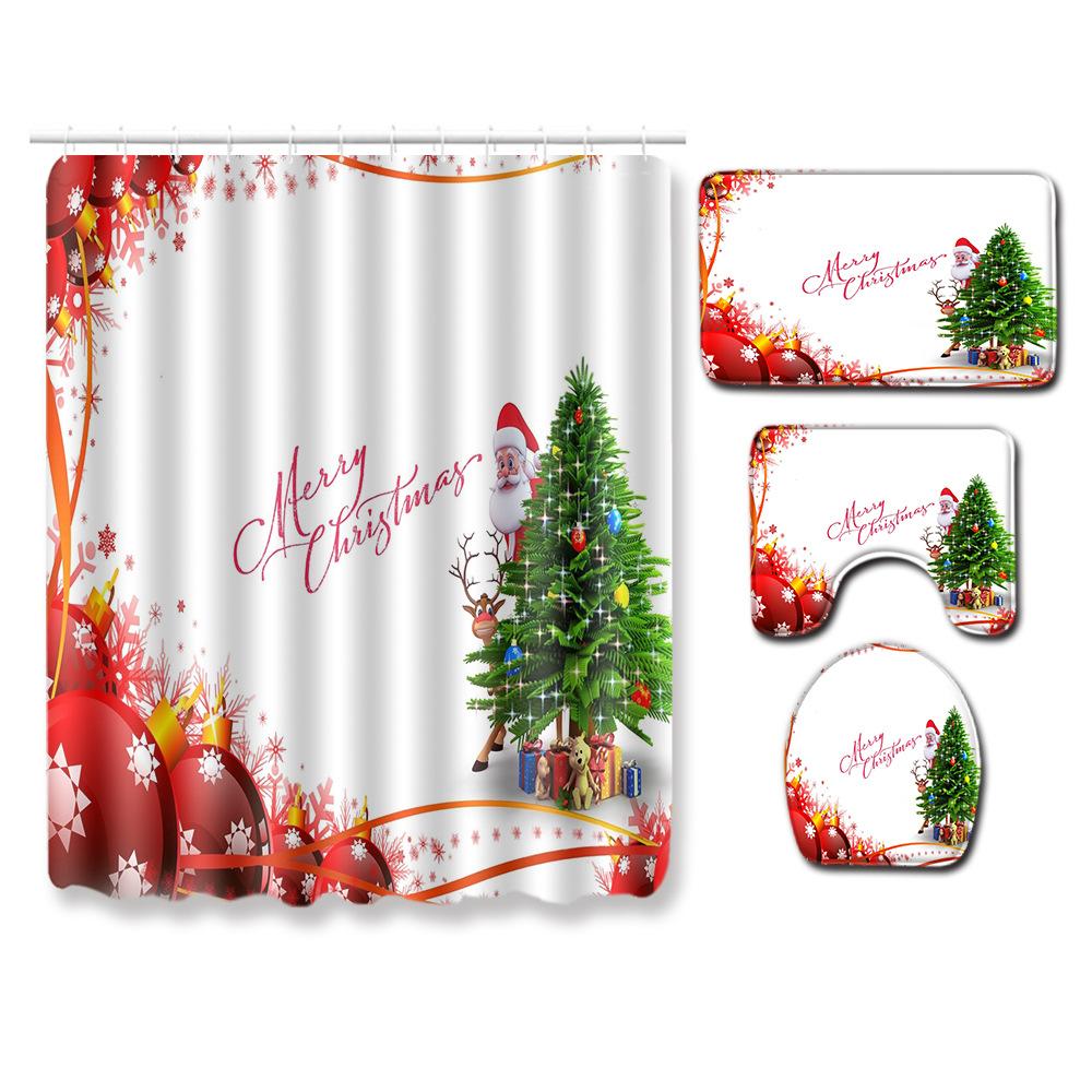 Christmas Elements Bathroom Shower Curtain Floor Mat Toilet Cover Foot Mat Four-Piece Pattern Size