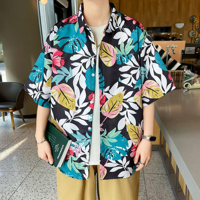

Винтажные рубашки Хип-хоп Цветочный принт Рубашка с коротким рукавом Мужские свободные повседневные рубашки для мужчин Летние топы Гавайская одежда Унисекс Уличная одежда 3XL чёрный