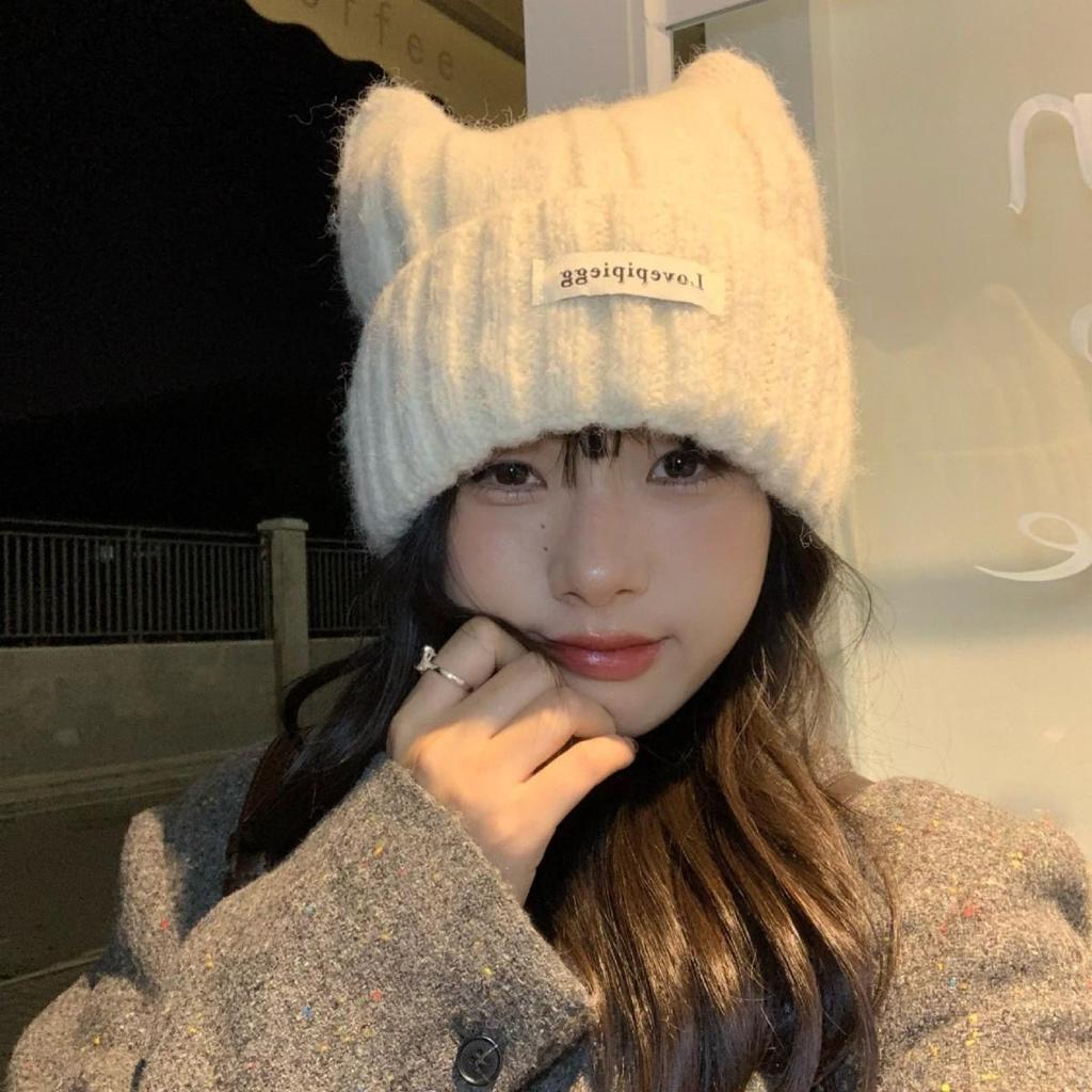 Women's Korean Style Cute Cat Ear Wool Knit Hat - Breathable, Warm, and Windproof for Winter & Autumn