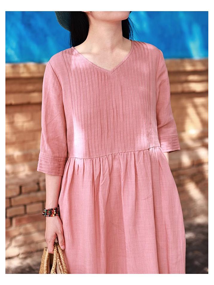2026 Summer Cotton Linen V-Neck Artistic Long Dress for Women