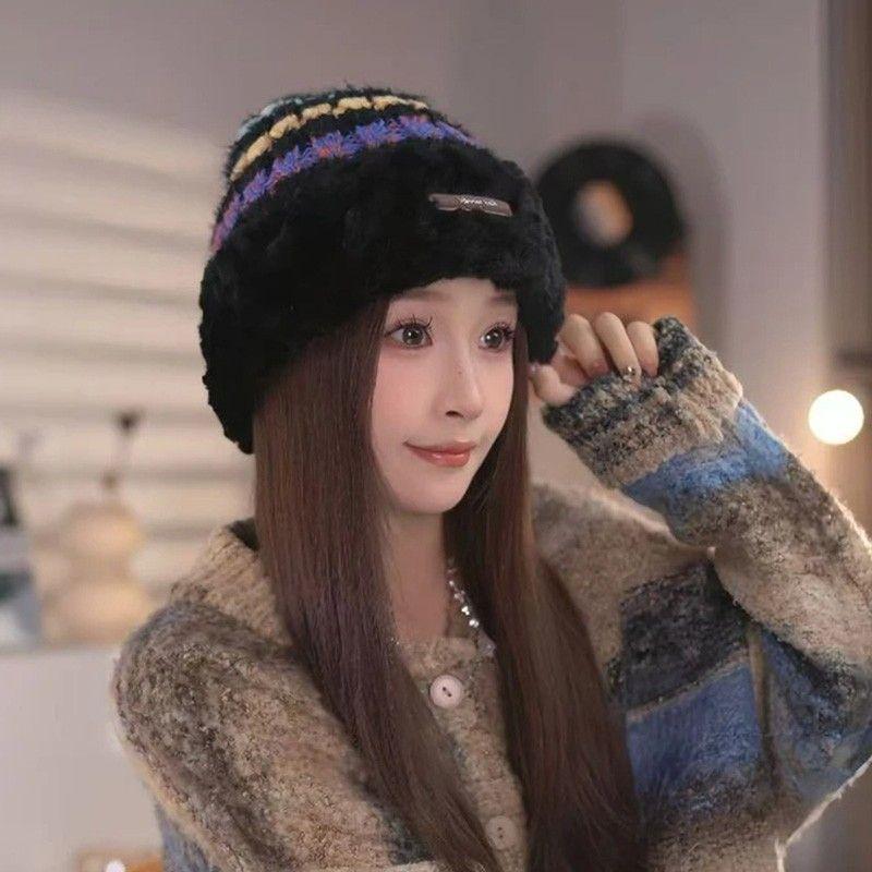 

Hat for Women 2024 New Autumn/Winter Face-Showing Little Korean Style Fashion All-Match Woolen Cap Heattech plus Fluff Knitted Hat Black M