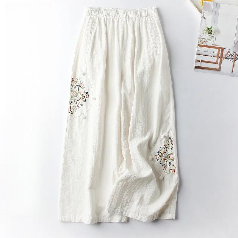 Cotton and Linen Casual Pants Women s Pants Spring and Summer Thin Retro Ethnic Style Embroidered Wide-leg Pants All-match Thin Nine-point Pants Women M белый