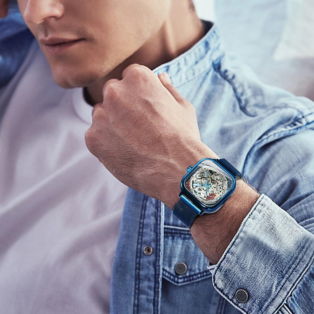 FORSINING Automatic Watches Mechanical Wrist Watch Golden for Mens Skeleton Watches with Stainless Steel Transparent Dial