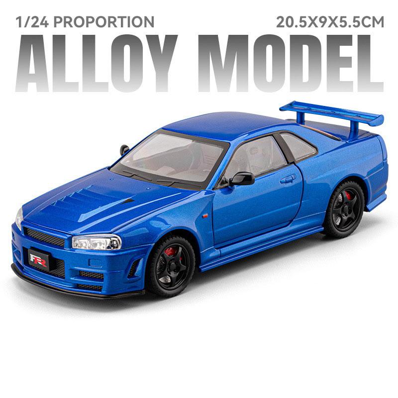 

1:24 Scale GTR-R34 Alloy Car Model Toy Doors Opened Pull Back Front Wheel Steering Vehicles Models Home Decor Decoration