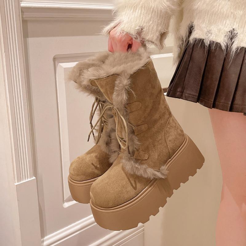 Winter Chunky Heel Women Fur Lining Snow Boots Concise Height Increase Shoes Ladies Comfort Warm Cotton Mid Calf Booties