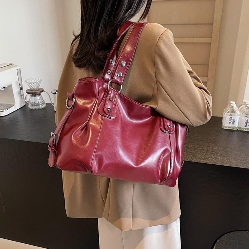 Yogodlns Classic Retro Casual Solid-Color Tote Bag Large-Capacity PU Shoulder Bag Soft Leather Fashionable Versatile Commuter Handbag