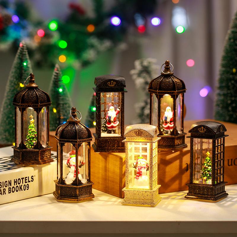 Christmas Decoration Hexagonal Wind Lantern Interior Water-filled Small Oil Lamp LED Light-emitting Christmas Wind Lantern Ornament Christmas Gift