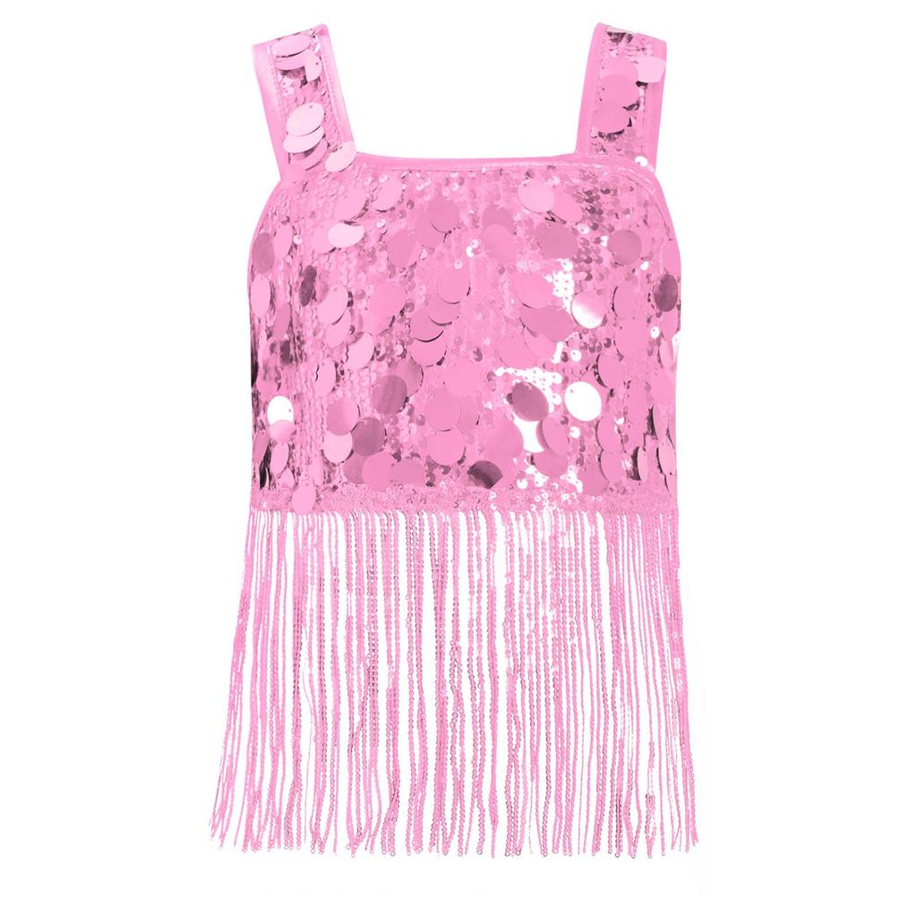 Dívčí taneční crop top se širokými ramínky a třásněmi z lesklých flitrů pro jazzové párty vystoupení