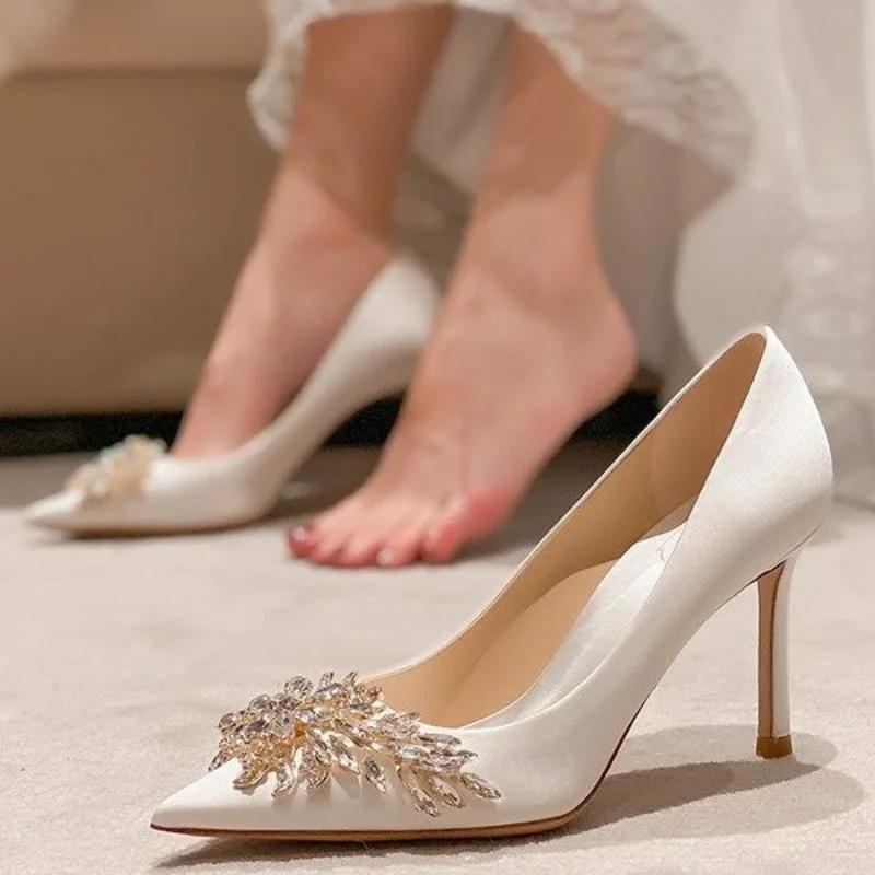 Maogu Satin Rhinestone Crystal Shallow Pumps Stiletto High Heel Luxury Women's Shoe 2024 Spring White Women Bridal Wedding Shoes