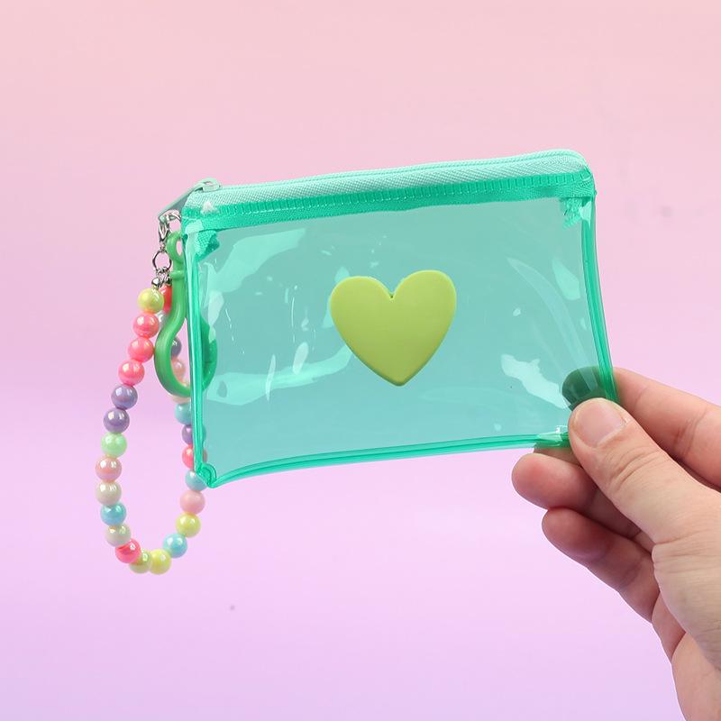 Cute Heart Pvc Transparent Handbag Coin Purse With Beads Chain Women Wallet Zipper Bag Wallet Earphone Key Storage Bag Girl Gift