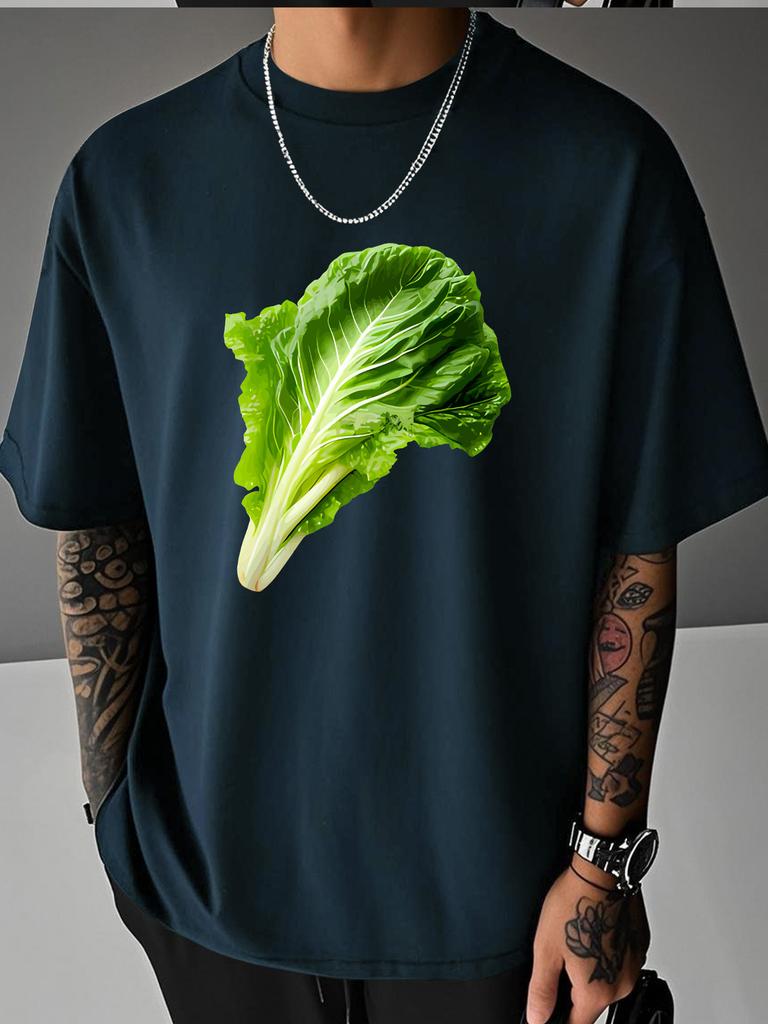 Unisex Summer White Short Sleeve Tee Realistic Green Chinese Cabbage Vegetable Graphic Print Crew Neck Loose Casual Male Daily Tops