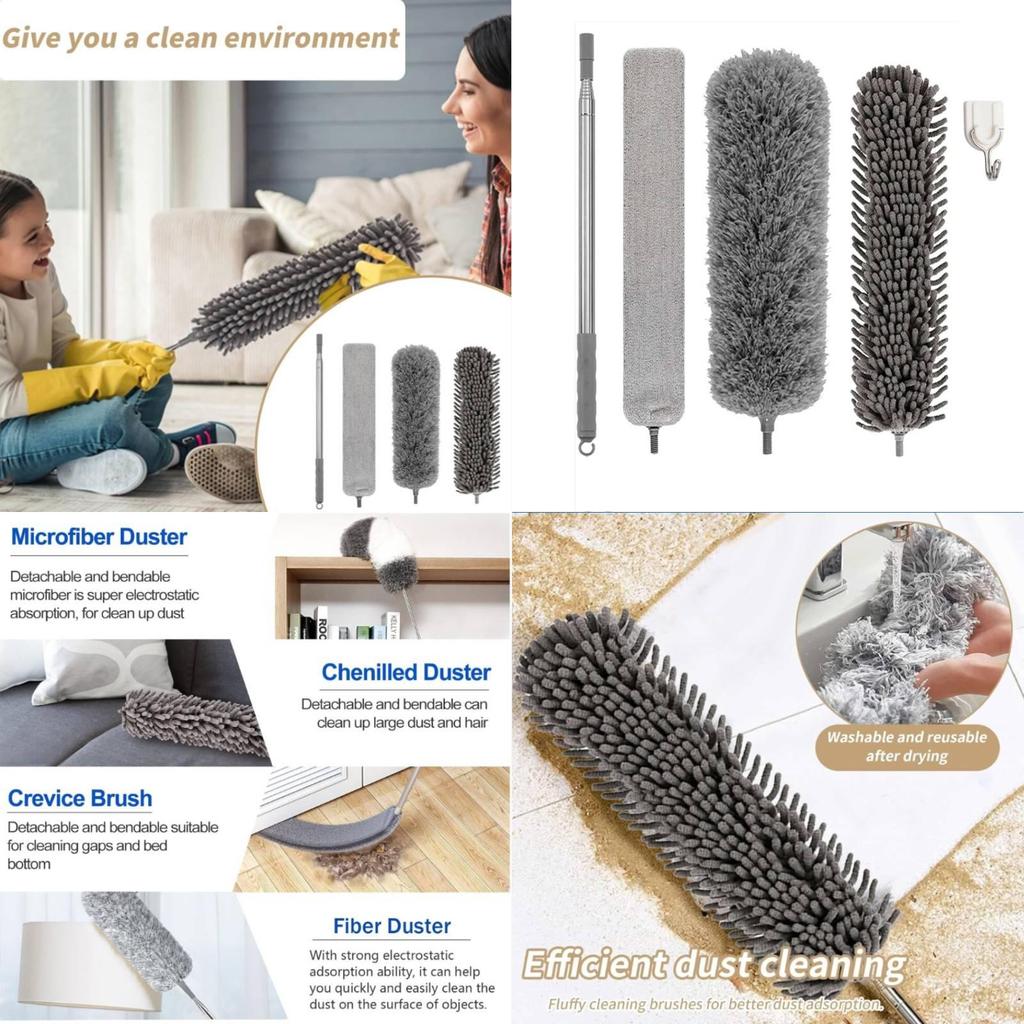 Extendable Feather Duster Brush Set With Telescopic Handle For Home Cleaning And Dust Removal