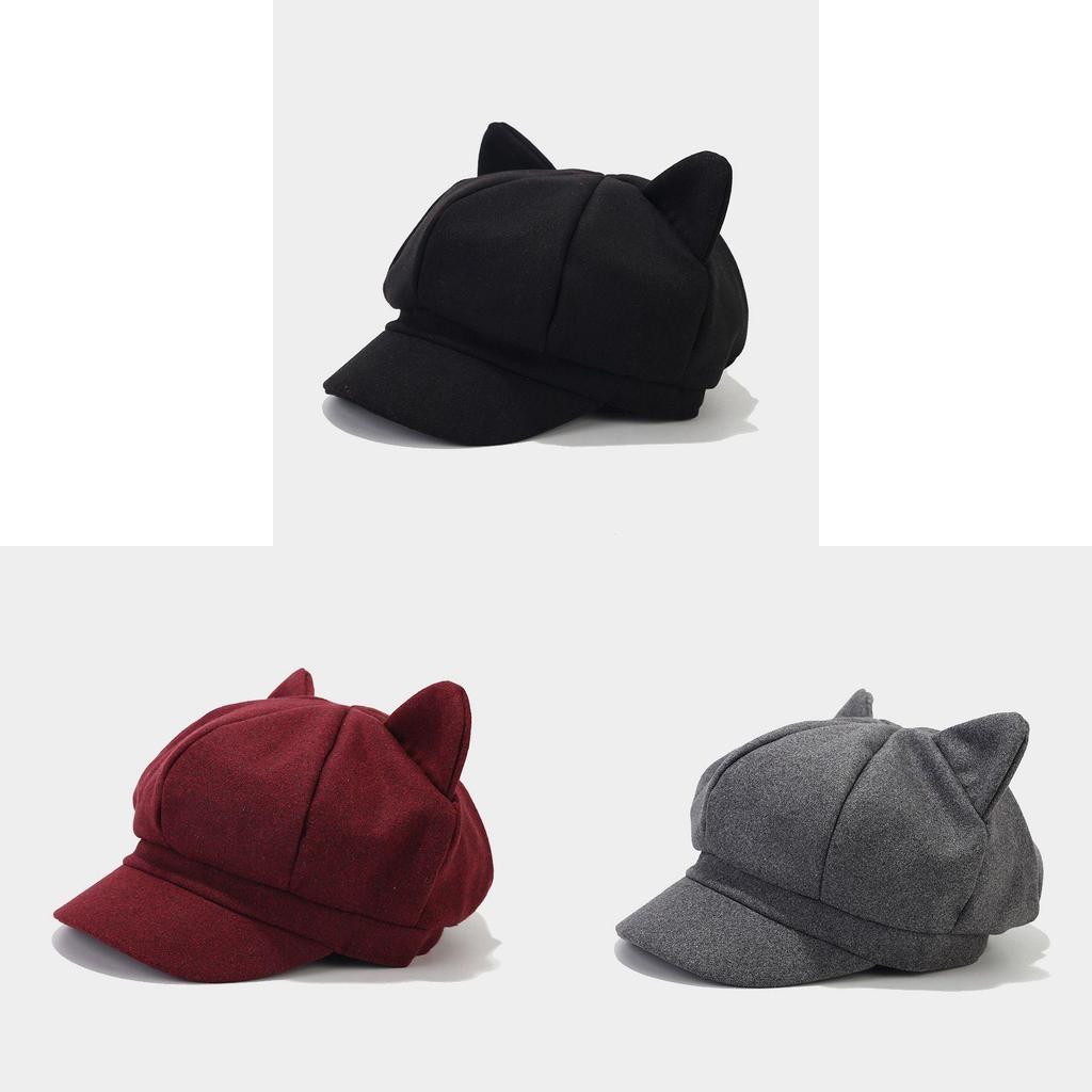 Cat Ear Hat For Women Autumn Winter Wool Blend Retro Octagon Cap With Sun Protection