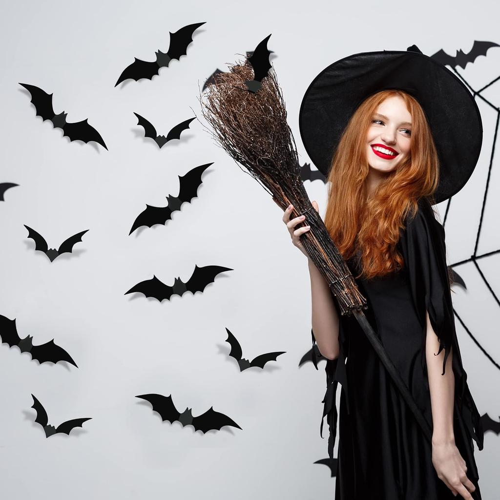 TDHDIKE Halloween Decorations Bats Wall Decor Halloween Party Decorations Indoor Outdoor Decor Supplies, 64 Pcs Reble PVC 3D Black Bats Stickers for