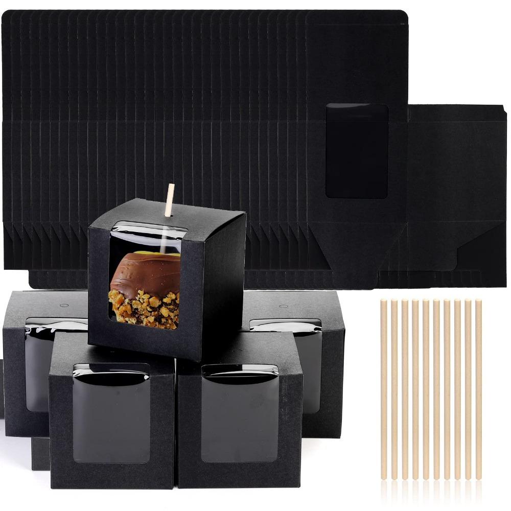 20pcs Black Treat Boxes with Transparent Window and Hole Paper Gift Box Square Gift Packing Box for Party Wedding Thanksgiving New Year's Dates