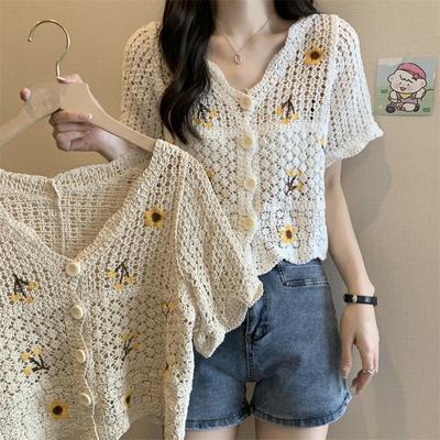 Hollow Out Micro Transparent Embroidered Short Knitted Cardigan with Unique Summer Design Niche Ice Silk Short Sleeved Top for Women